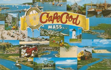 Featured is a postcard image of a montage of Cape Cod, MA scenes, circa early 1970s.  The postally used original card is for sale in The unltd.com Store.